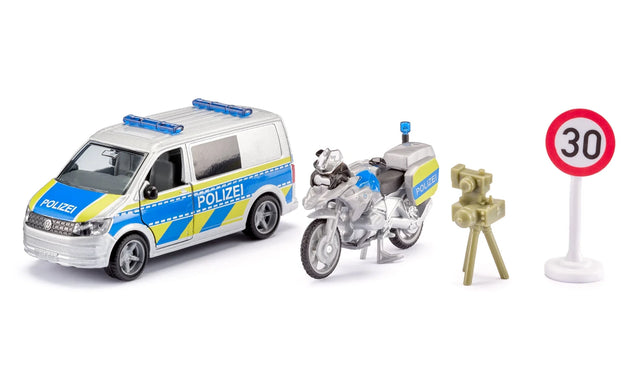 Siku VW T6 with BMW Police Motorbike 2562 set showing the police van, motorbike, speed camera and 30 km/h road sign