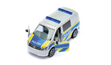 Front angled view of the Siku VW T6 police van 2562 with both front doors open and blue roof lights visible