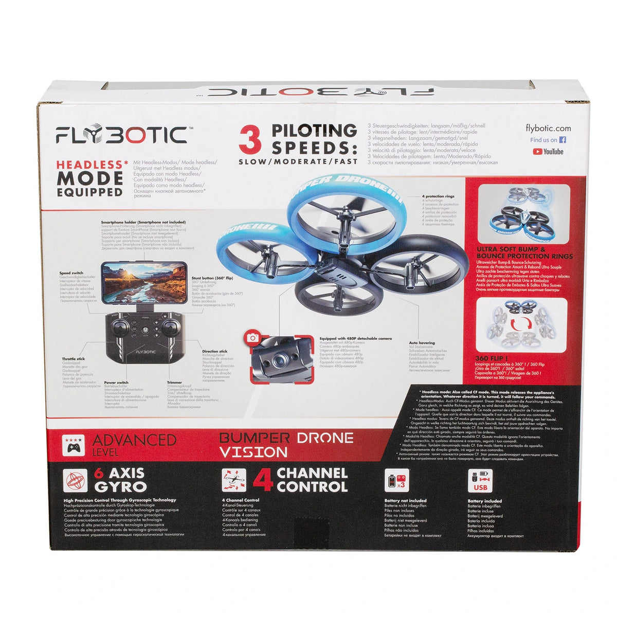 Silverlit Flybotic Bumper Drone Vision retail box back showing drone functions and controller