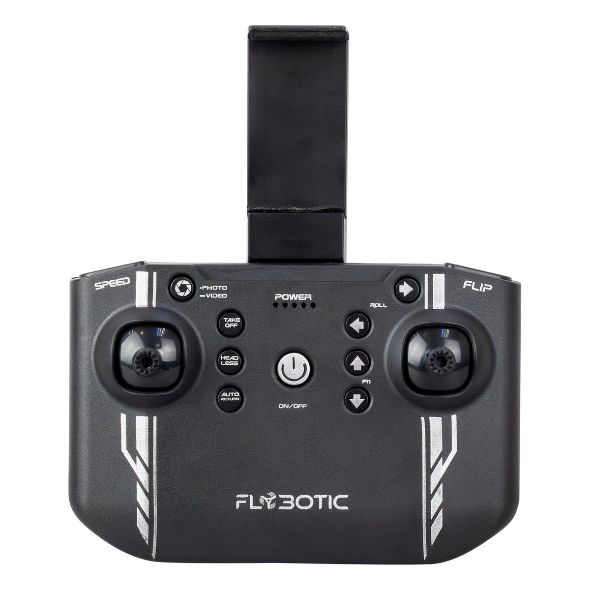 Silverlit Flybotic Bumper Drone Vision black remote controller with smartphone holder attached