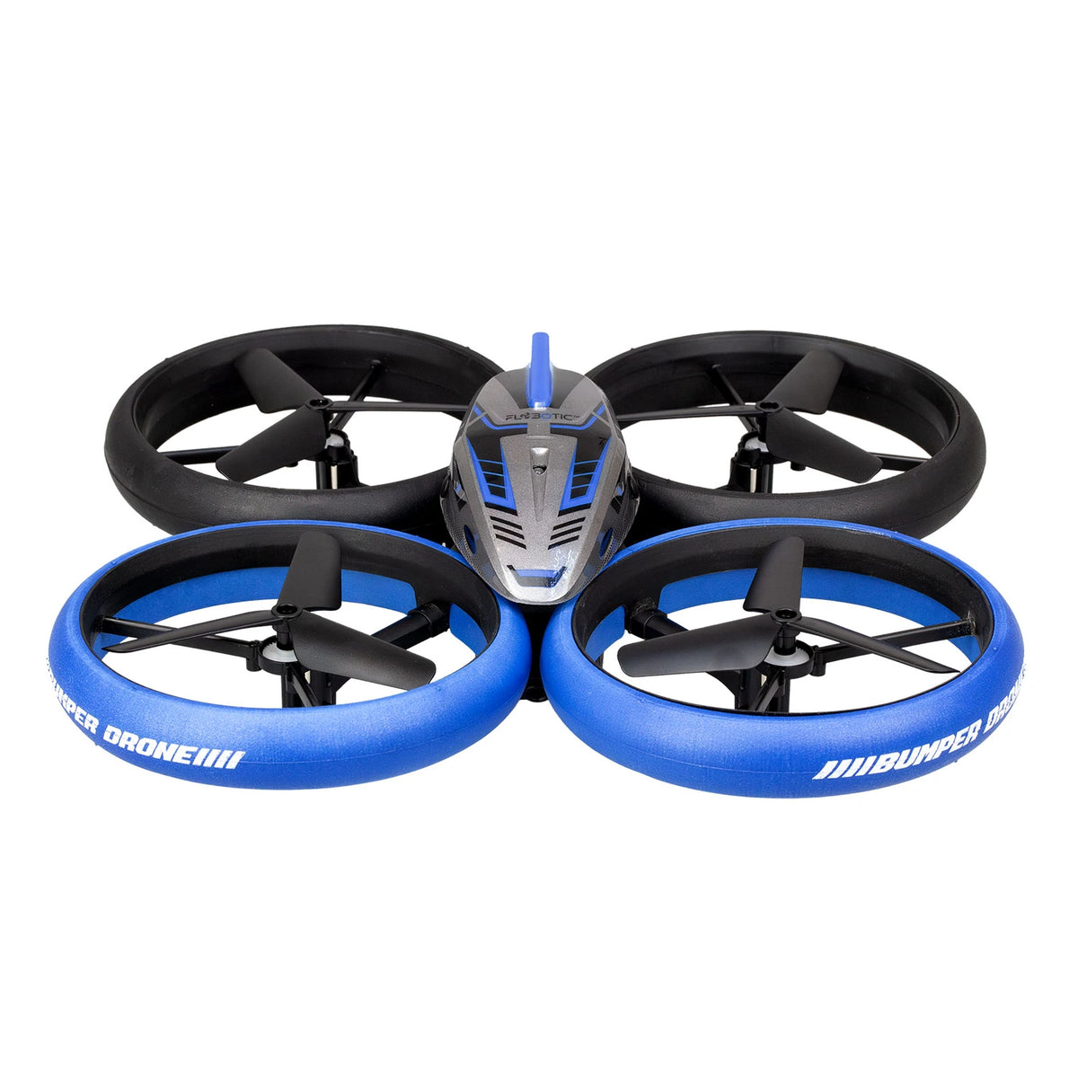 Silverlit Flybotic Bumper Drone Vision front view showing blue body and four protected propellers