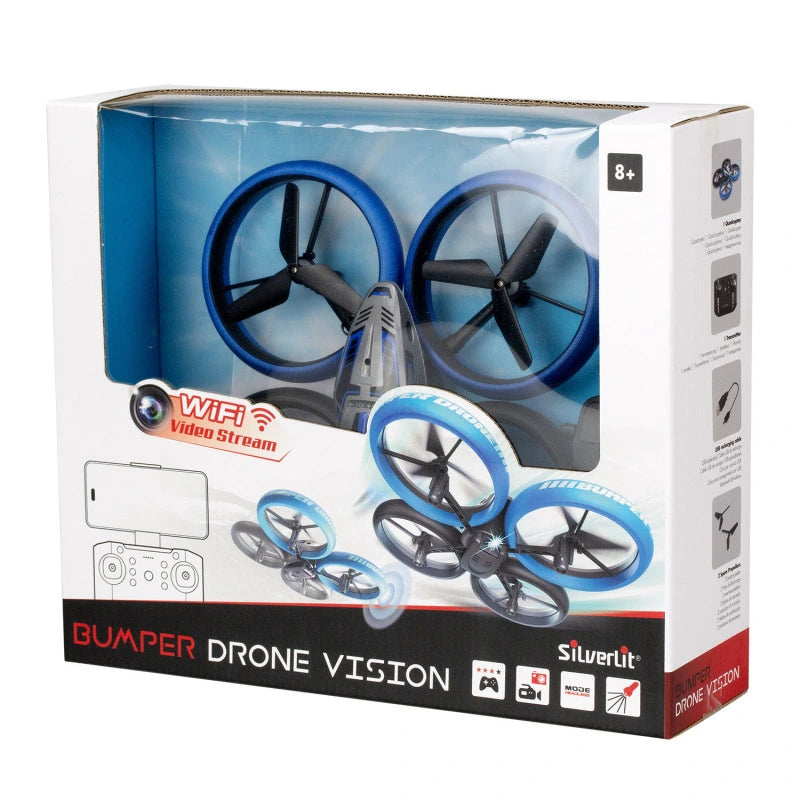 Silverlit Flybotic Bumper Drone Vision in retail box with blue and black drone visible through the front