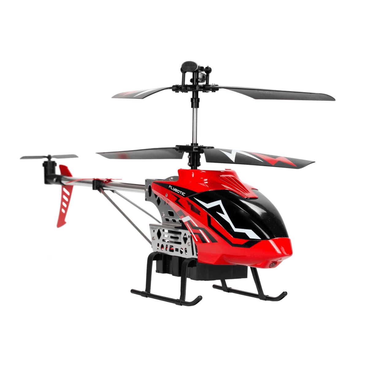 Silverlit Flybotic Sky Knight red helicopter front angle showing twin rotors and landing skids