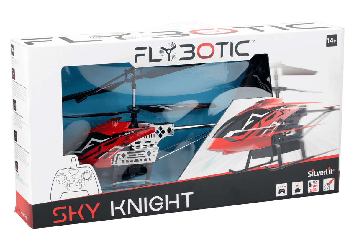 Silverlit Flybotic Sky Knight helicopter in retail box with red helicopter visible through the front window