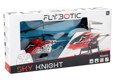 Silverlit Flybotic Sky Knight helicopter in retail box with red helicopter visible through the front window