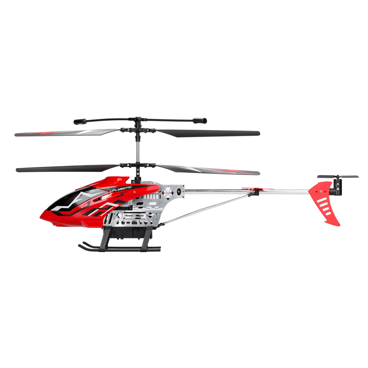 Silverlit Flybotic Sky Knight red helicopter side view showing twin rotors, tail rotor and landing skids