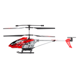 Silverlit Flybotic Sky Knight red helicopter side view showing twin rotors, tail rotor and landing skids