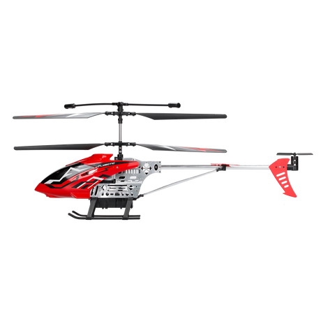 Silverlit Flybotic Sky Knight red helicopter side view showing twin rotors, tail rotor and landing skids