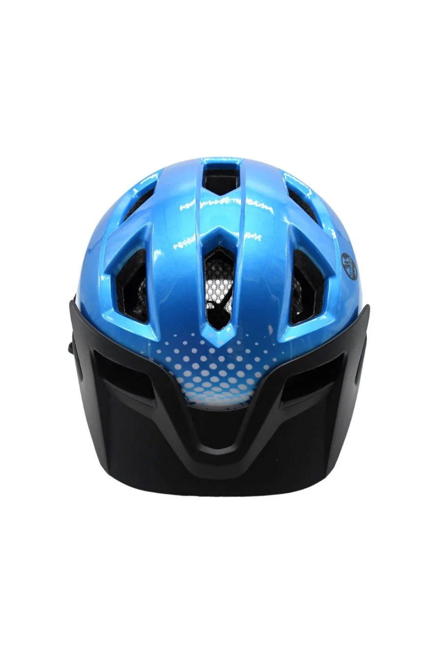 Front view of a blue junior cycling helmet with black lower section and large ventilation slots on a white background