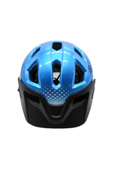 Front view of a blue junior cycling helmet with black lower section and large ventilation slots on a white background