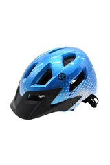 Side angled view of a blue junior cycling helmet with black visor and multiple ventilation openings on a white background