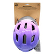 Pink and purple junior cycling helmet mounted on branded cardboard backing card, top view showing ventilation slots