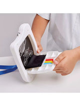 Child opening Sketch and Glow Space drawing board to reveal storage compartment with pens and cloth