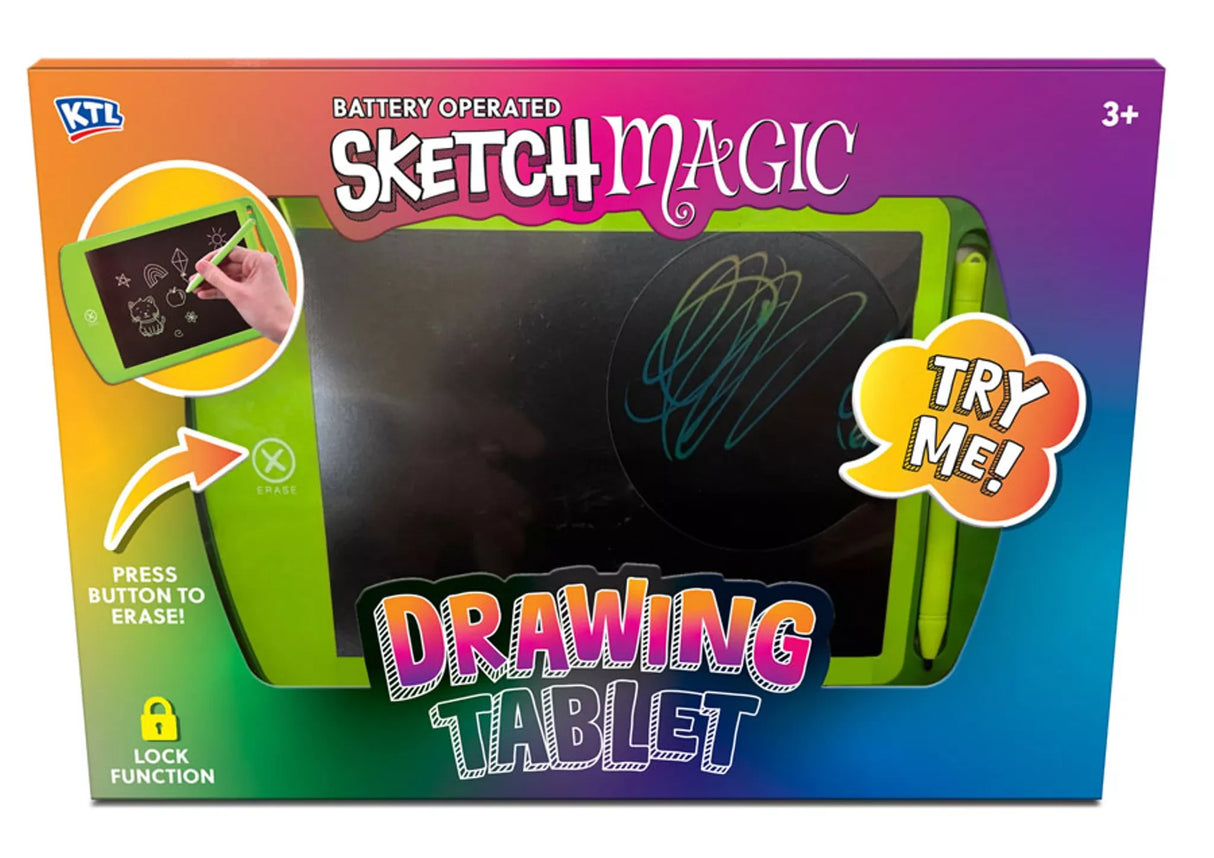 Close view of the Sketch Magic drawing tablet packaging showing the green tablet, stylus, erase button, lock function and Try Me label.