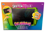 Close view of the Sketch Magic drawing tablet packaging showing the green tablet, stylus, erase button, lock function and Try Me label.