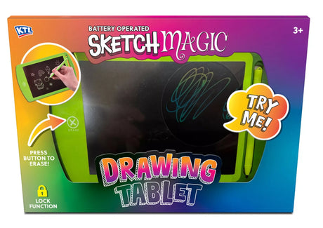 Close view of the Sketch Magic drawing tablet packaging showing the green tablet, stylus, erase button, lock function and Try Me label.