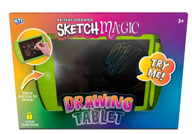 Sketch Magic battery operated drawing tablet box with the green tablet and stylus visible through the front window.