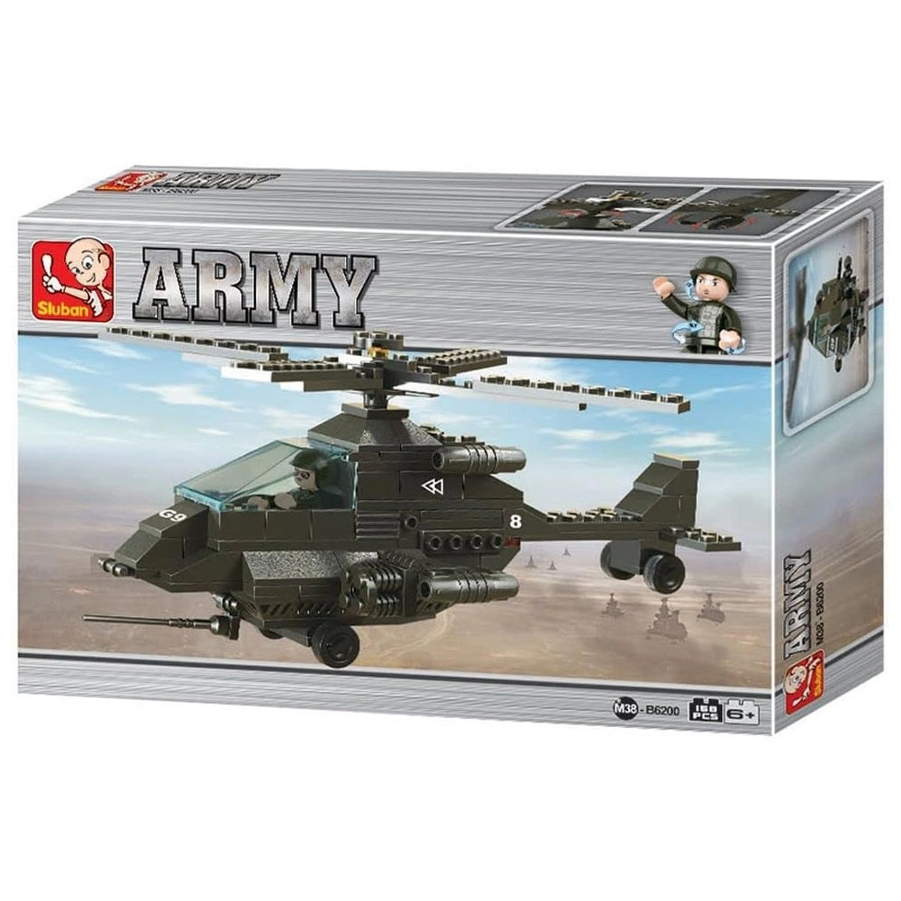 Sluban Army M38-B6200 box front showing the dark green attack helicopter, pilot figure, 158 piece count and 6+ age marking
