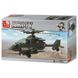 Sluban Army M38-B6200 box front showing the dark green attack helicopter, pilot figure, 158 piece count and 6+ age marking