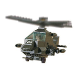 Sluban Apachi Battle Plan helicopter shown from the front side with spinning main rotor, pilot in the cockpit, front gun, landing wheels and weapon details on both sides