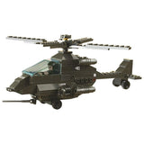 Sluban Apachi Battle Plan helicopter shown from the front side with pilot inside the clear cockpit, large main rotor, tail section, landing wheels and side mounted weapons