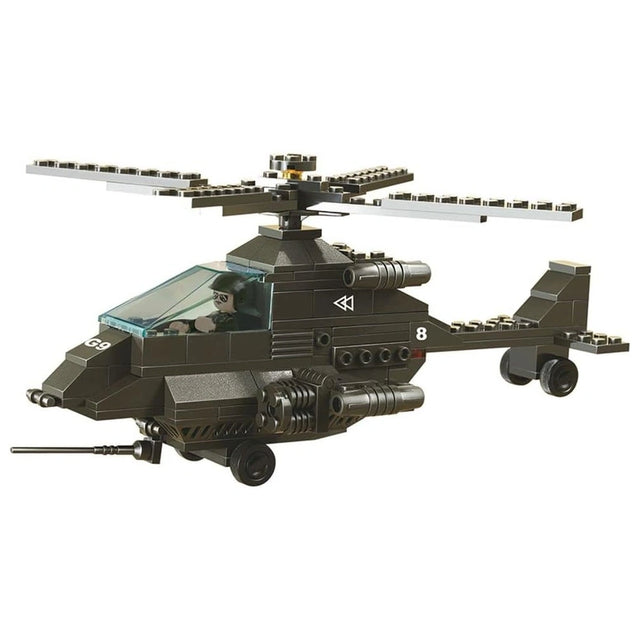 Sluban Apachi Battle Plan helicopter shown from the front side with pilot inside the clear cockpit, large main rotor, tail section, landing wheels and side mounted weapons