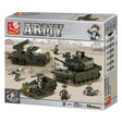 Sluban Army M38-B6800 Fields Battle Forces box front showing the tank, rocket launcher truck, jeep, soldier figures, 602 piece count and 6+ age marking