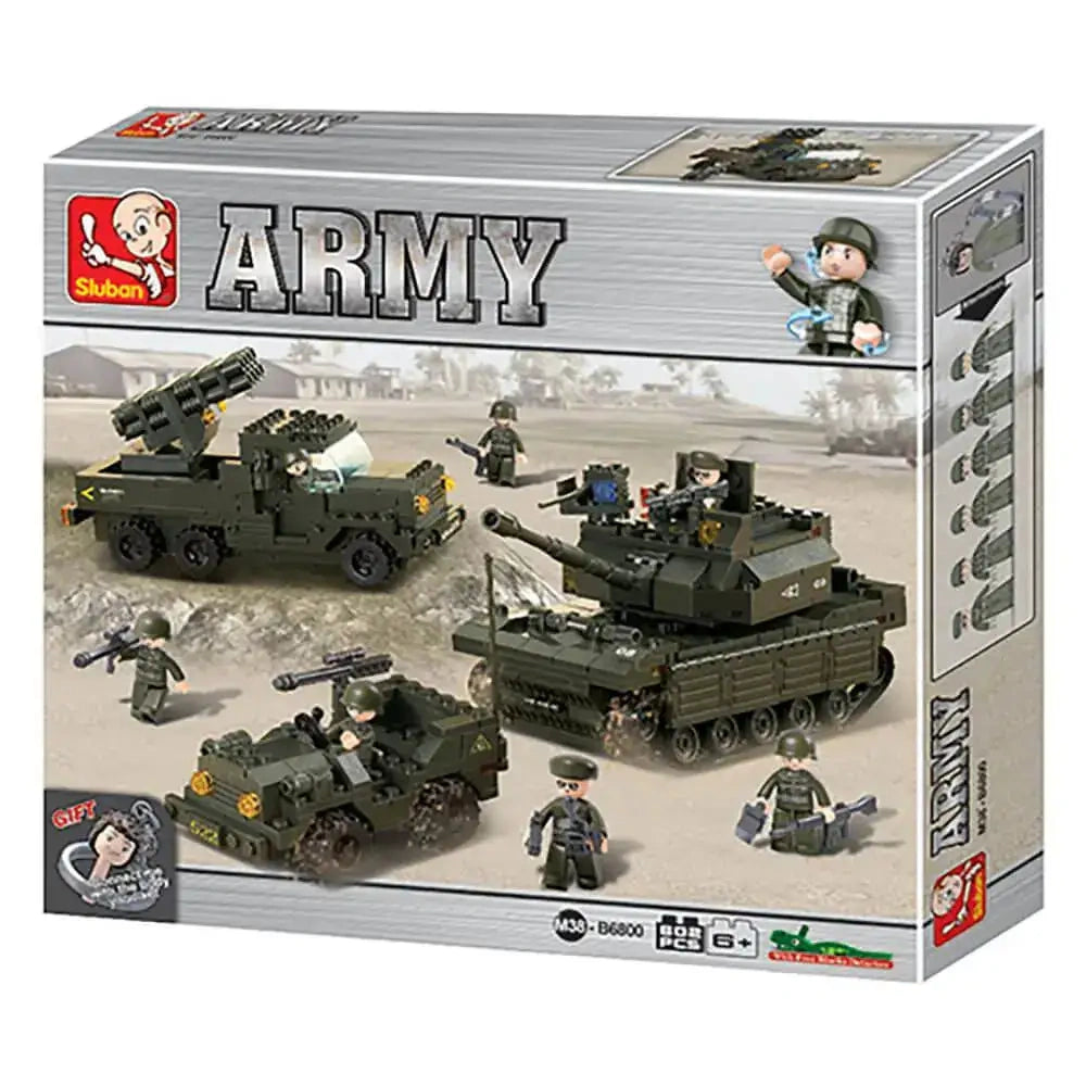 Sluban Army M38-B6800 Fields Battle Forces box front showing the tank, rocket launcher truck, jeep, soldier figures, 602 piece count and 6+ age marking