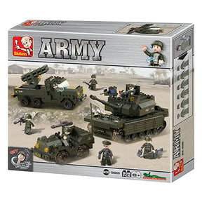 Sluban Army M38-B6800 Fields Battle Forces box front showing the tank, rocket launcher truck, jeep, soldier figures, 602 piece count and 6+ age marking