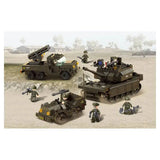 Sluban Fields Battle Forces set displayed in a desert scene with a tracked tank, six wheel rocket launcher truck, military jeep and soldier figures