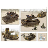 Sluban Fields Battle Forces feature graphic showing multiple views of the tracked tank, rocket launcher truck and military jeep with soldier figures and figure construction detail