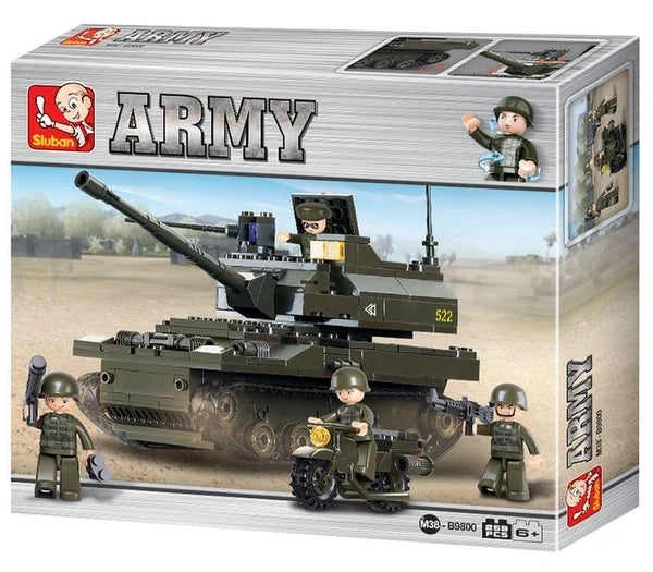Sluban Army M38-B9800 box front showing the dark green K9 Tank, soldier figures, military motorcycle, 258 piece count and 6+ age marking