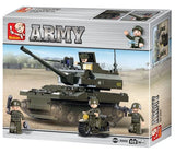 Sluban Army M38-B9800 box front showing the dark green K9 Tank, soldier figures, military motorcycle, 258 piece count and 6+ age marking