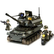 Close front view of the Sluban Leopard K9 Tank with dark green rotating turret, long main cannon, tracked chassis, soldier figures and military motorcycle