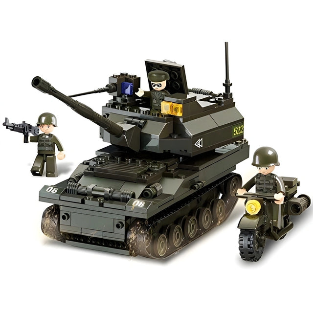 Close front view of the Sluban Leopard K9 Tank with dark green rotating turret, long main cannon, tracked chassis, soldier figures and military motorcycle