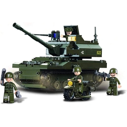 Sluban Leopard K9 Tank shown from the front side with long turret cannon, rubber tracks, soldier figures and green military motorcycle