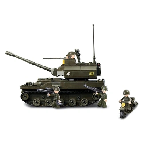 Sluban Leopard K9 Tank shown from the side with dark green tracked chassis, long main cannon, raised antenna, soldier figures and military motorcycle
