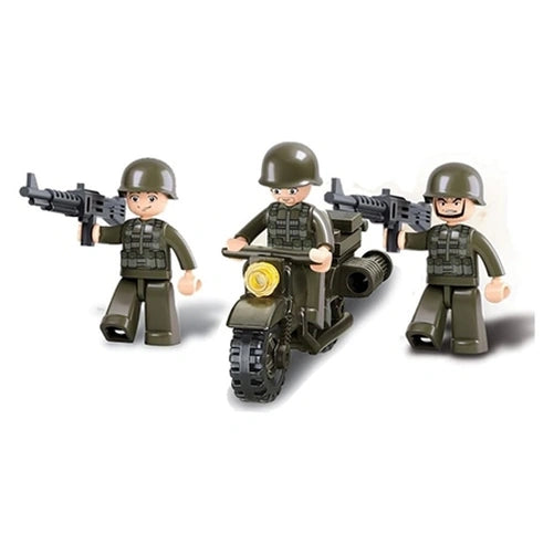 Three Sluban soldier figures shown with the green military motorcycle, including one figure seated on the motorcycle and two figures holding weapons