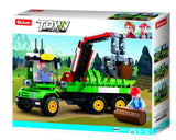 Sluban Town Farm M38-B0778 box front showing the green log truck, red crane with grey claw, two worker figures, brown logs, 209 piece count and 6 to 12 age marking