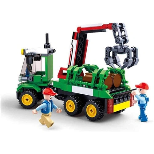 Sluban Log Trailer Large shown from the rear side with green truck body, red loading crane, grey claw, brown logs secured on the rear platform and two worker figures