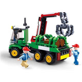 Sluban Log Trailer Large shown from the rear side with green truck body, red loading crane, grey claw, brown logs secured on the rear platform and two worker figures