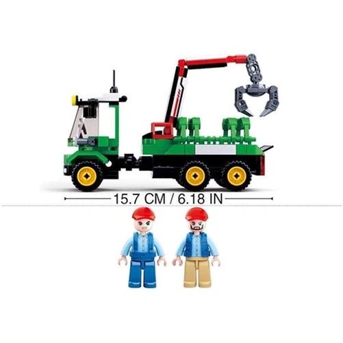 Sluban Log Trailer Large side profile showing the green six wheel log truck, red crane with grey claw, 15.7 cm vehicle length and two included worker figures