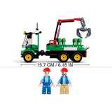 Sluban Log Trailer Large side profile showing the green six wheel log truck, red crane with grey claw, 15.7 cm vehicle length and two included worker figures
