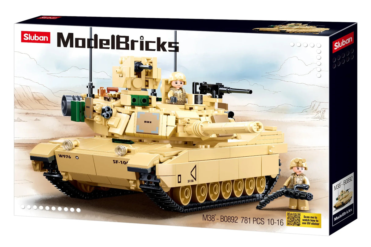 Front of Sluban ModelBricks M1A2 SEP V2 Abrams box showing the 781 piece tank building set and 2 soldier figures
