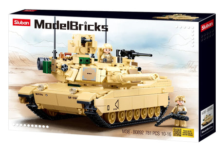 Front of Sluban ModelBricks M1A2 SEP V2 Abrams box showing the 781 piece tank building set and 2 soldier figures