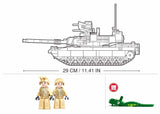 Sluban M1A2 SEP V2 Abrams side diagram showing the 29 cm tank length, 2 soldier figures and additional green figure