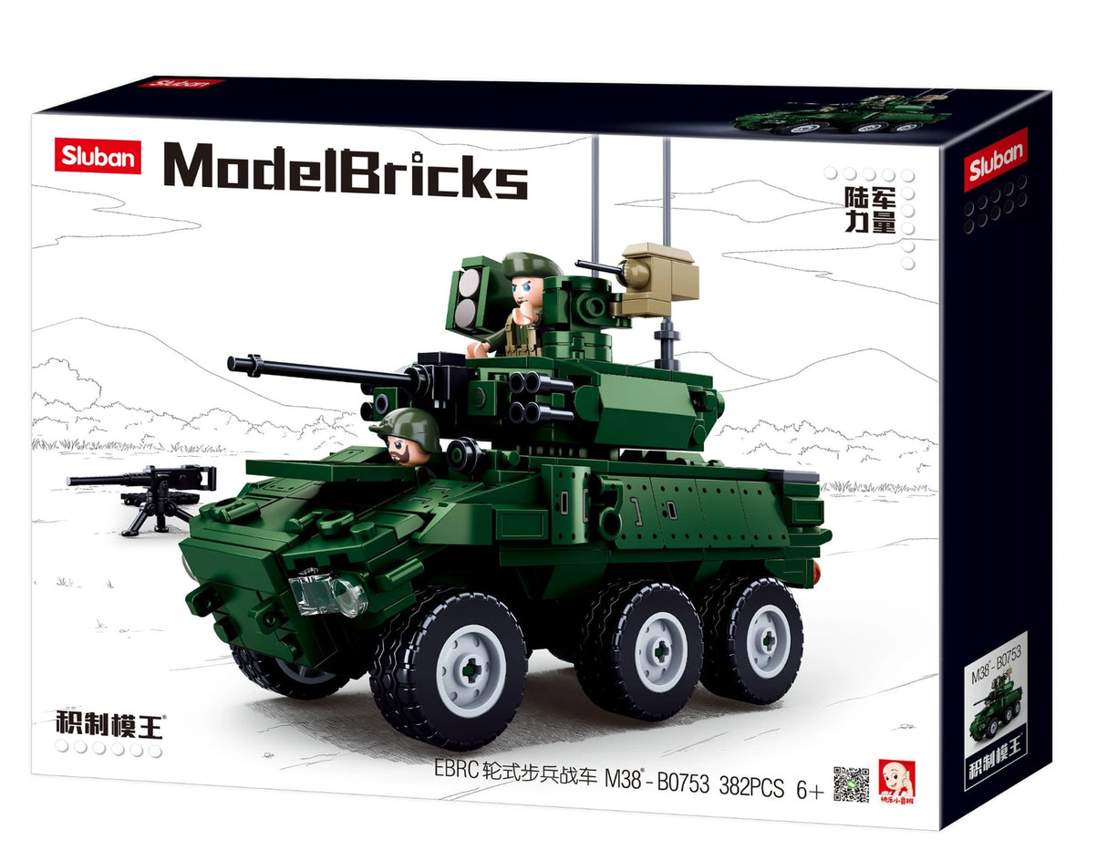 Sluban ModelBricks M38-B0753 box front showing the green EBRC 6x6 Wheeled Infantry Combat Vehicle, two soldier figures, 382 piece count and 6+ age marking