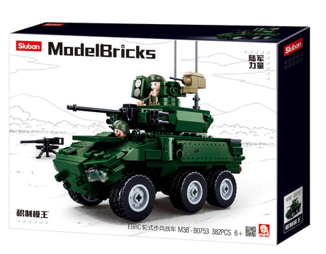Sluban ModelBricks M38-B0753 box front showing the green EBRC 6x6 Wheeled Infantry Combat Vehicle, two soldier figures, 382 piece count and 6+ age marking