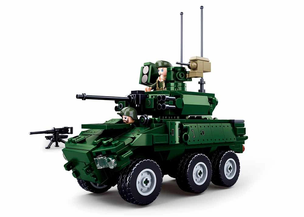 Sluban MB-EBRC 6x6 Wheeled Infantry Combat Vehicle shown from the front side with angular green bodywork, six wheels, turret cannon, upper weapon details, two soldier figures and separate mounted machine gun