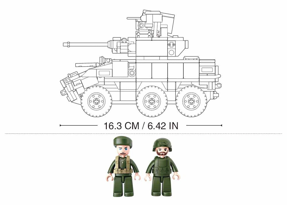 Sluban MB-EBRC 6x6 Wheeled Infantry Combat Vehicle side profile measurement graphic showing a 16.3 cm vehicle length with two included soldier figures below